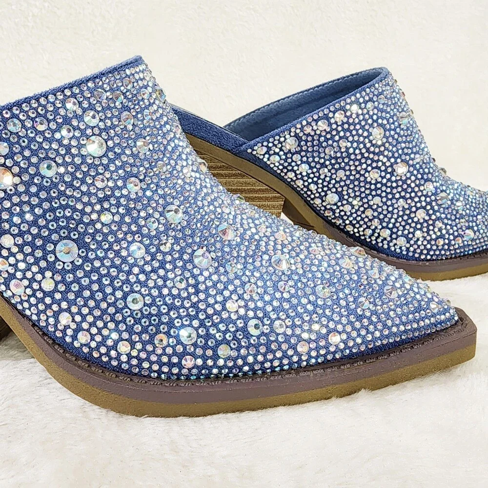 NIB Vibes Western Cowgirl Denim Slip On Shoes Mules / Clogs Iridescent Rhinesto - Picture 7 of 9